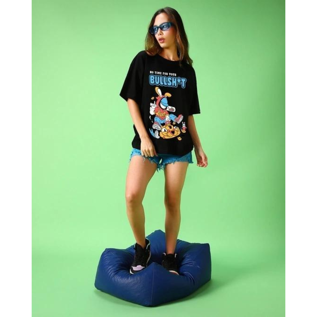 Women's Black No Time For Bullshit Graphic Printed Oversized T-shirt