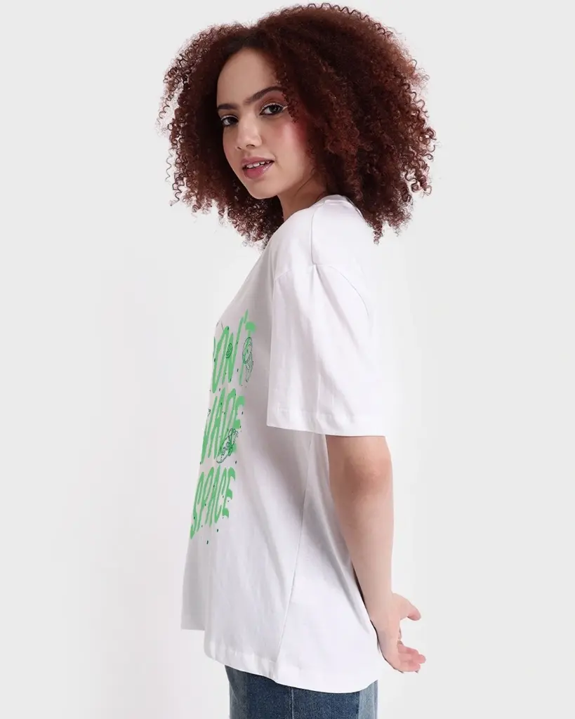 Women's White Don't Invade Graphic Printed Oversized T-shirt