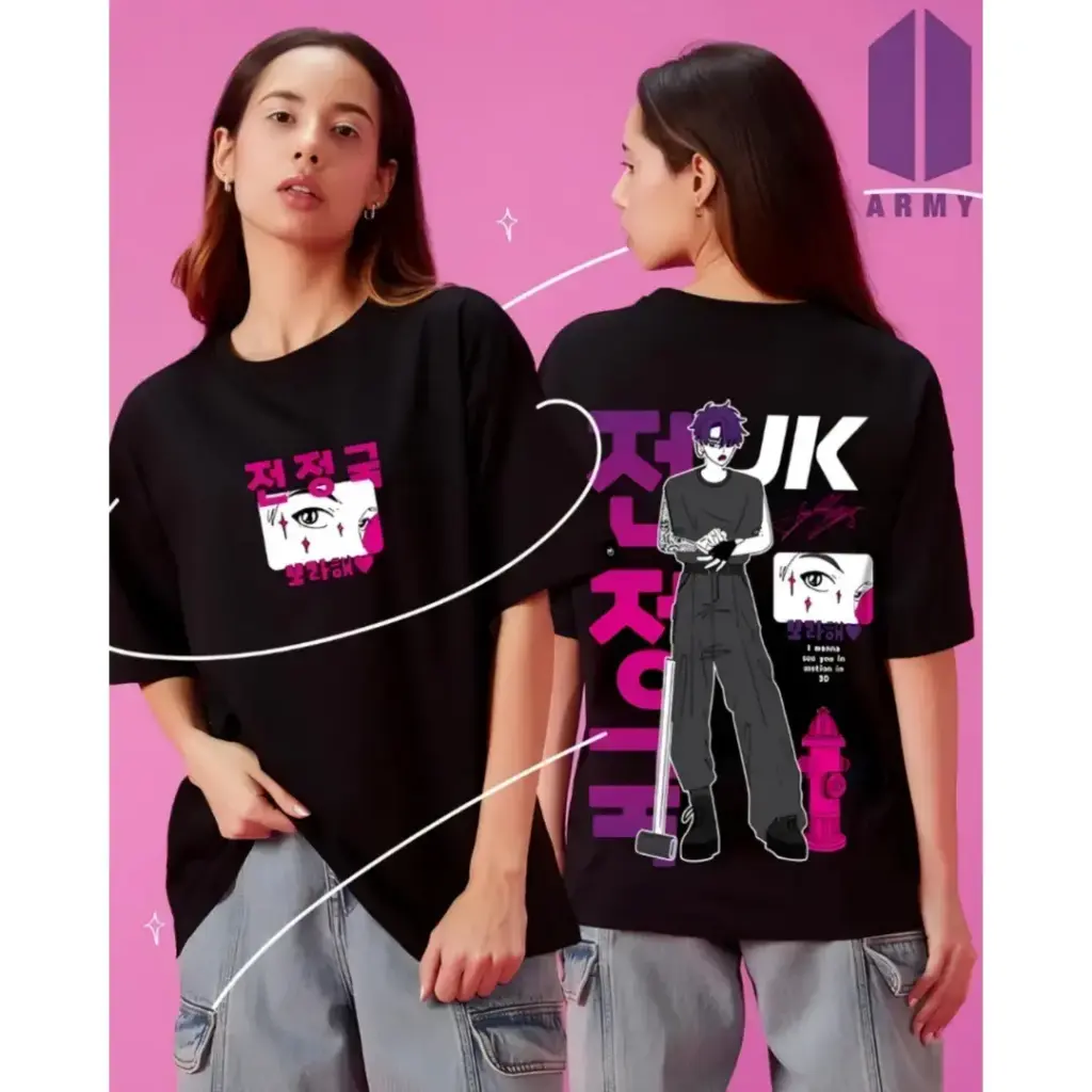 Women's Black In 3D BTS Graphic Printed Oversized T-shirt