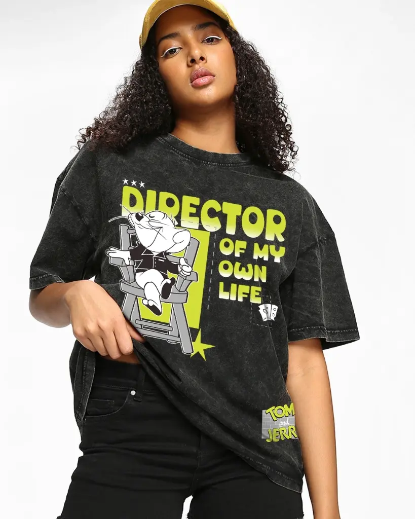 Women's Black Director Jerry Graphic Printed Oversized Acid Wash T-shirt