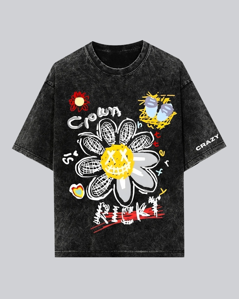 Black Crown & Smiley Graphic Printed Oversized Acid Wash T-shirt