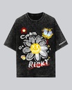 Black Crown & Smiley Graphic Printed Oversized Acid Wash T-shirt