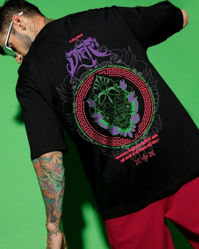 Men's Black Ashura Graphic Printed Oversized T-shirt